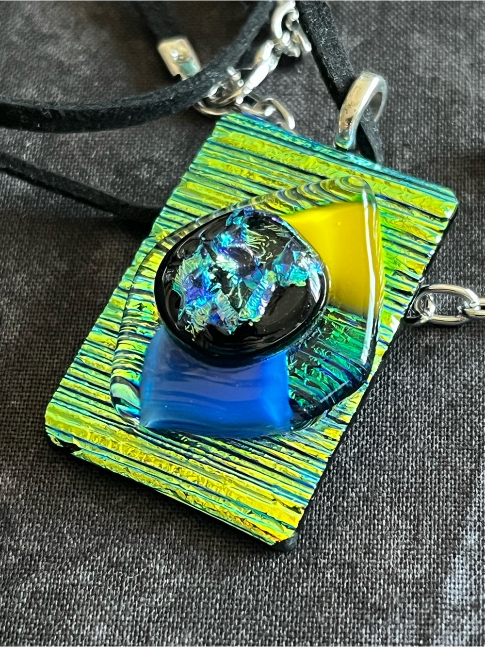 Artisan Dichroic Glass Pendant Necklace - Blue & Yellow